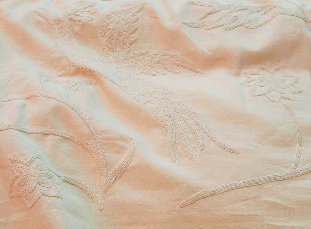 Cotton Crewel Embroidered Fabric "Birds", Cream on Cream #BRD021
