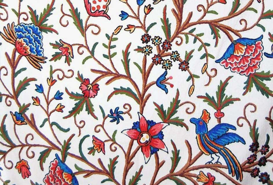 Cotton Crewel Embroidered Fabric "Tree of Life Birds", Multicolor #BRD102