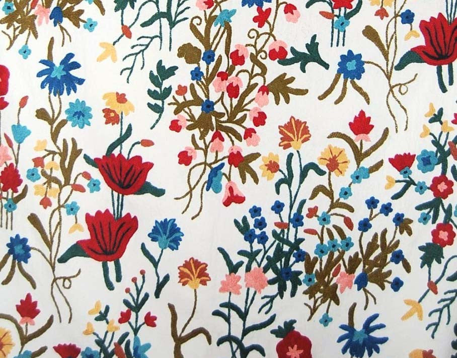 Cotton Crewel Embroidered Fabric Garden, Multicolor #FLR005