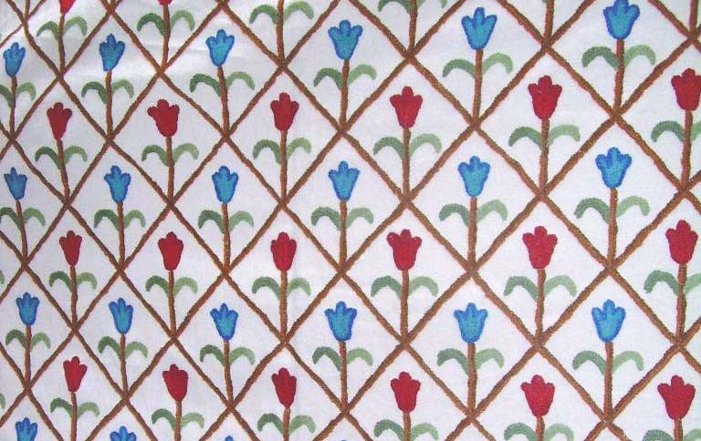Crewel Upholstery Fabric "Tulips" Off-White, Multicolor Embroidery #LTS001