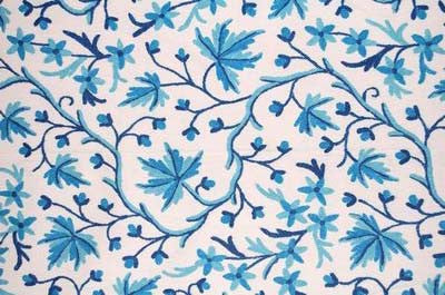 Cotton Crewel Embroidered Fabric "Maple", Blue on White #CHR002