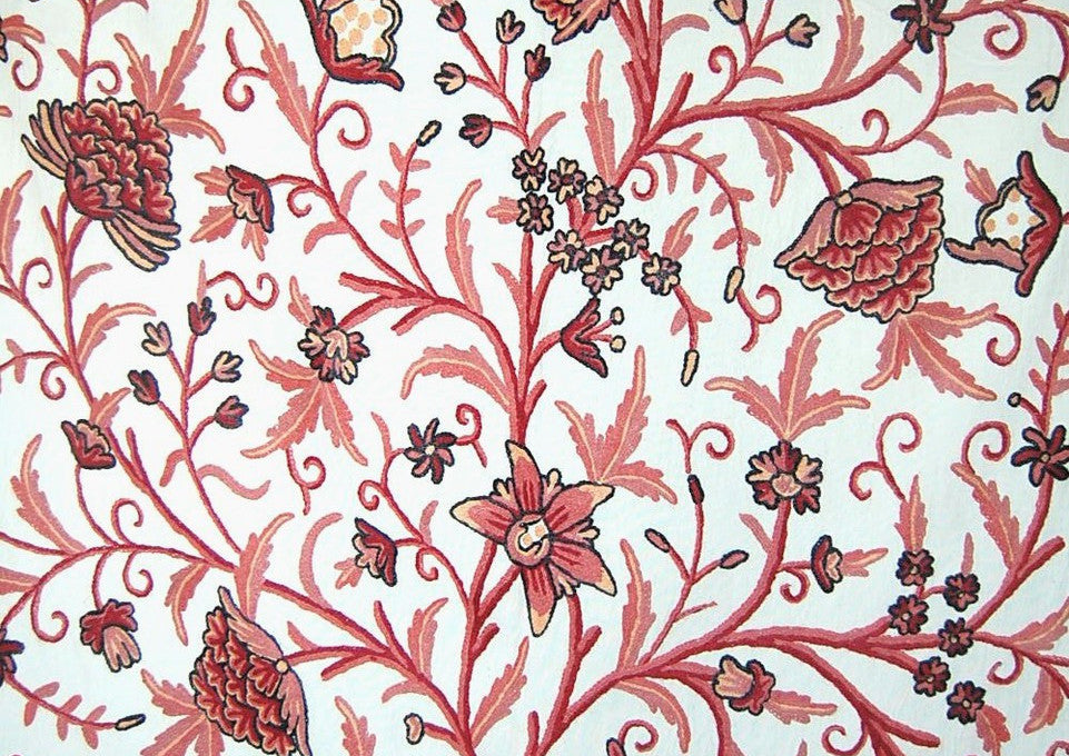 Cotton Crewel Embroidered Fabric Tree of Life, Pink on White #DDR002