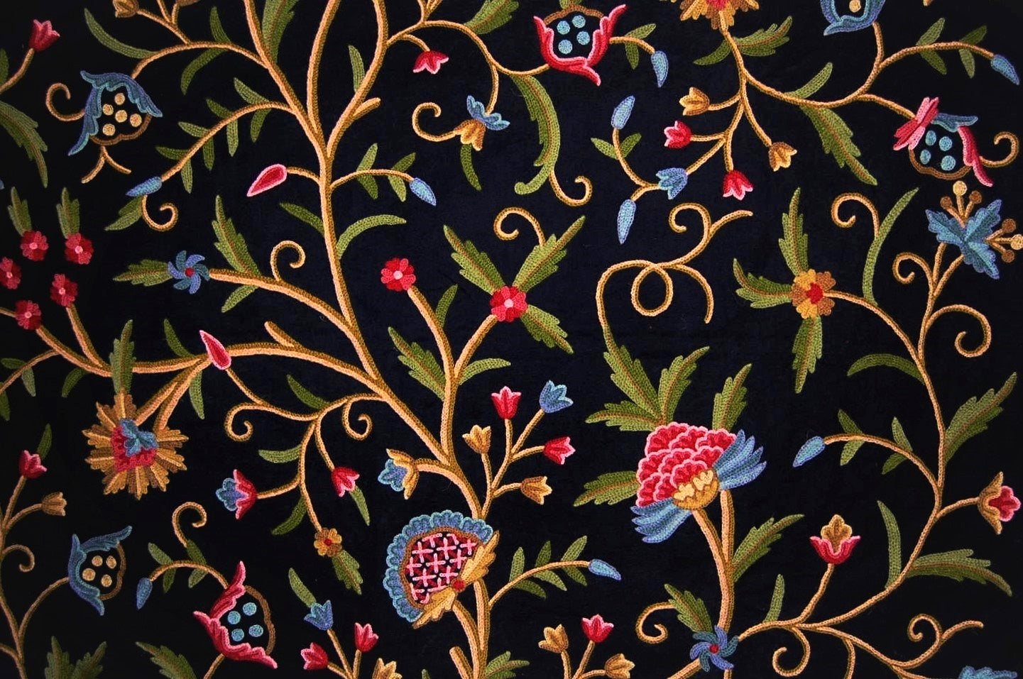 Cotton Crewel Embroidered Fabric Tree of Life Black, Multicolor #DDR202