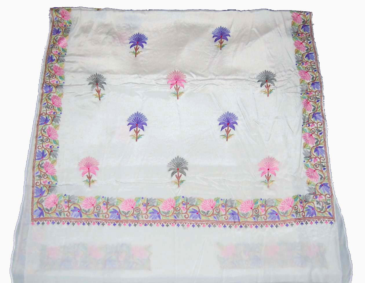 Kashmiri Ethnic Embroidered Silk Sari Saree White, Multicolor #SA-105