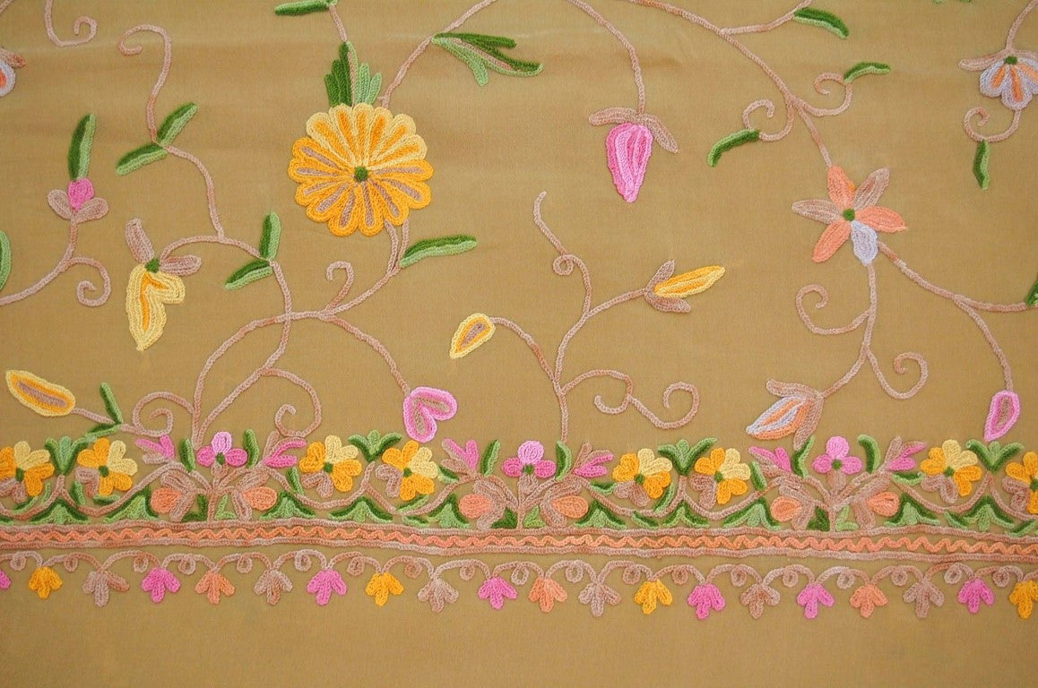 Kashmiri Ethnic Embroidered Silk Sari Saree Beige, Multicolor #SA-107