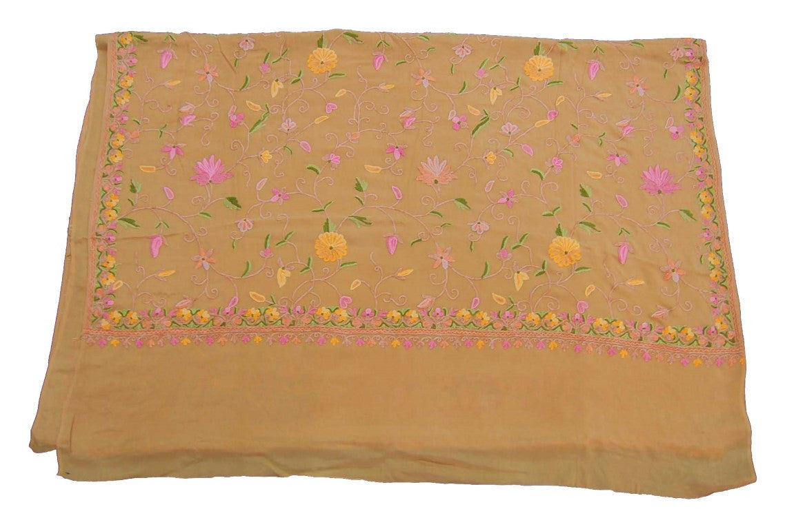 Kashmiri Ethnic Embroidered Silk Sari Saree Beige, Multicolor #SA-107