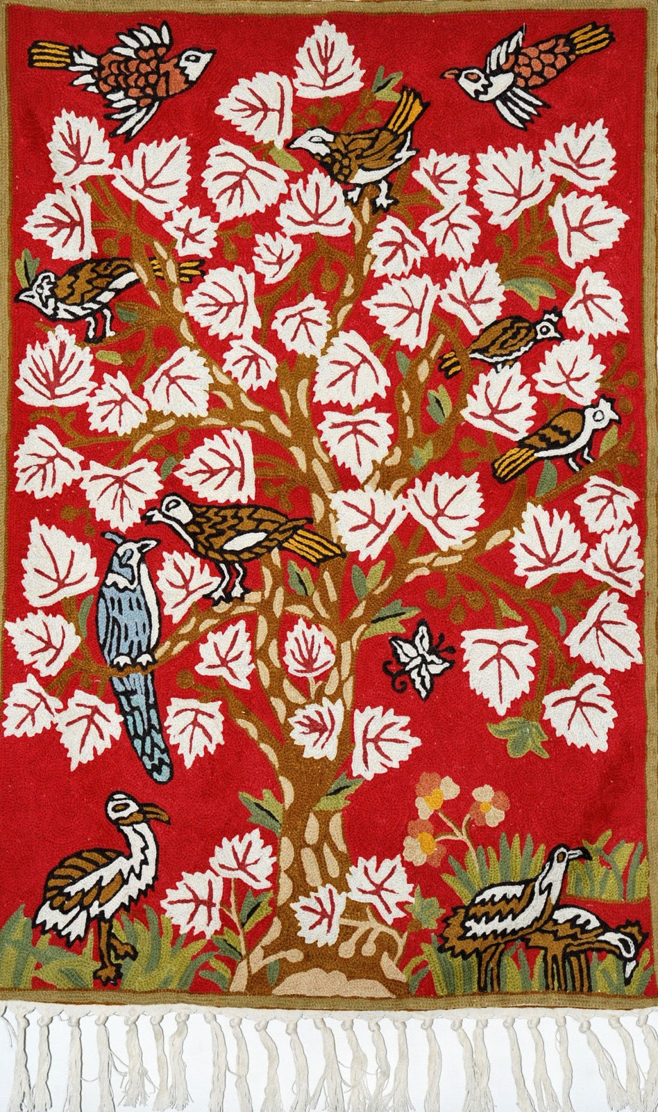 ChainStitch Tapestry Woolen Area Rug "Maple Tree Birds", Multicolor Embroidery 2x3 feet #CWR6115