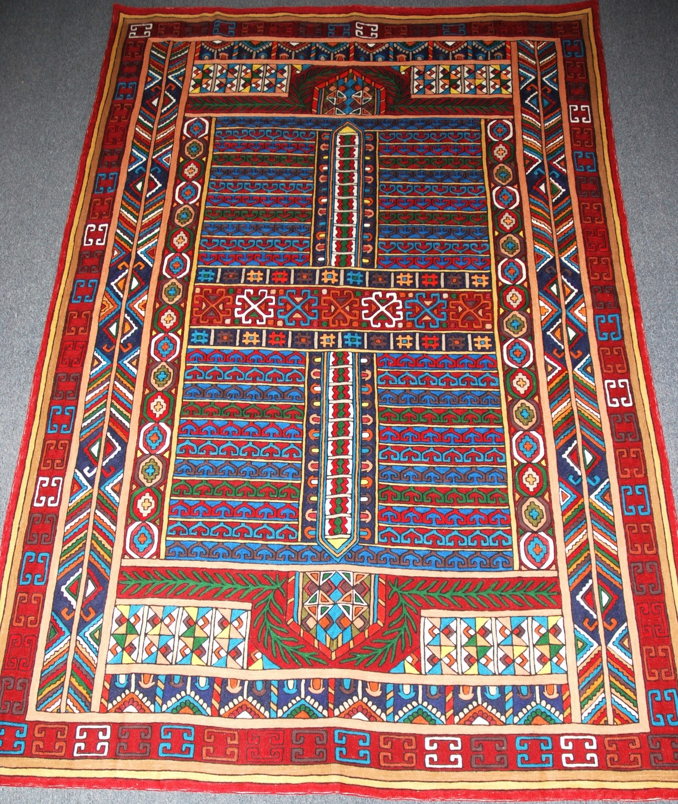 Kashmir Wool Rug "Kelim" ChainStitch Tapestry Area Rug, Multicolor Embroidery 6x9 feet #CWR54109
