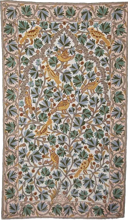 Kashmiri Wool Tapestry Area Rug " Tree of Life Birds", Multicolor Embroidery 3x5 feet #CWR15111
