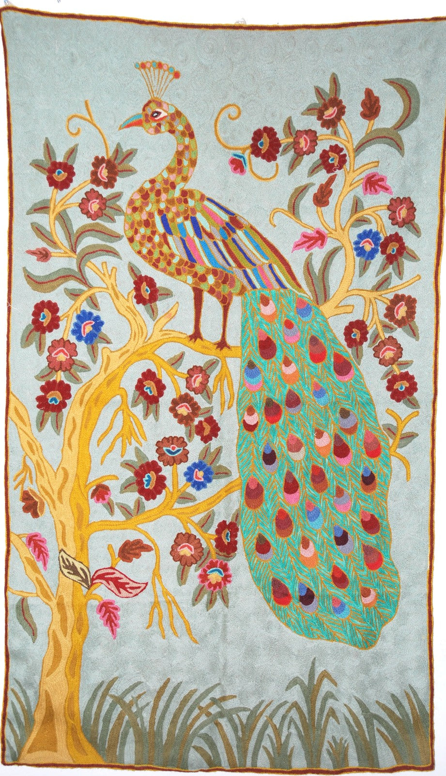 Kashmiri Wool Tapestry Area Rug "Peacock", Multicolor Embroidery 3x5 feet #CWR15115