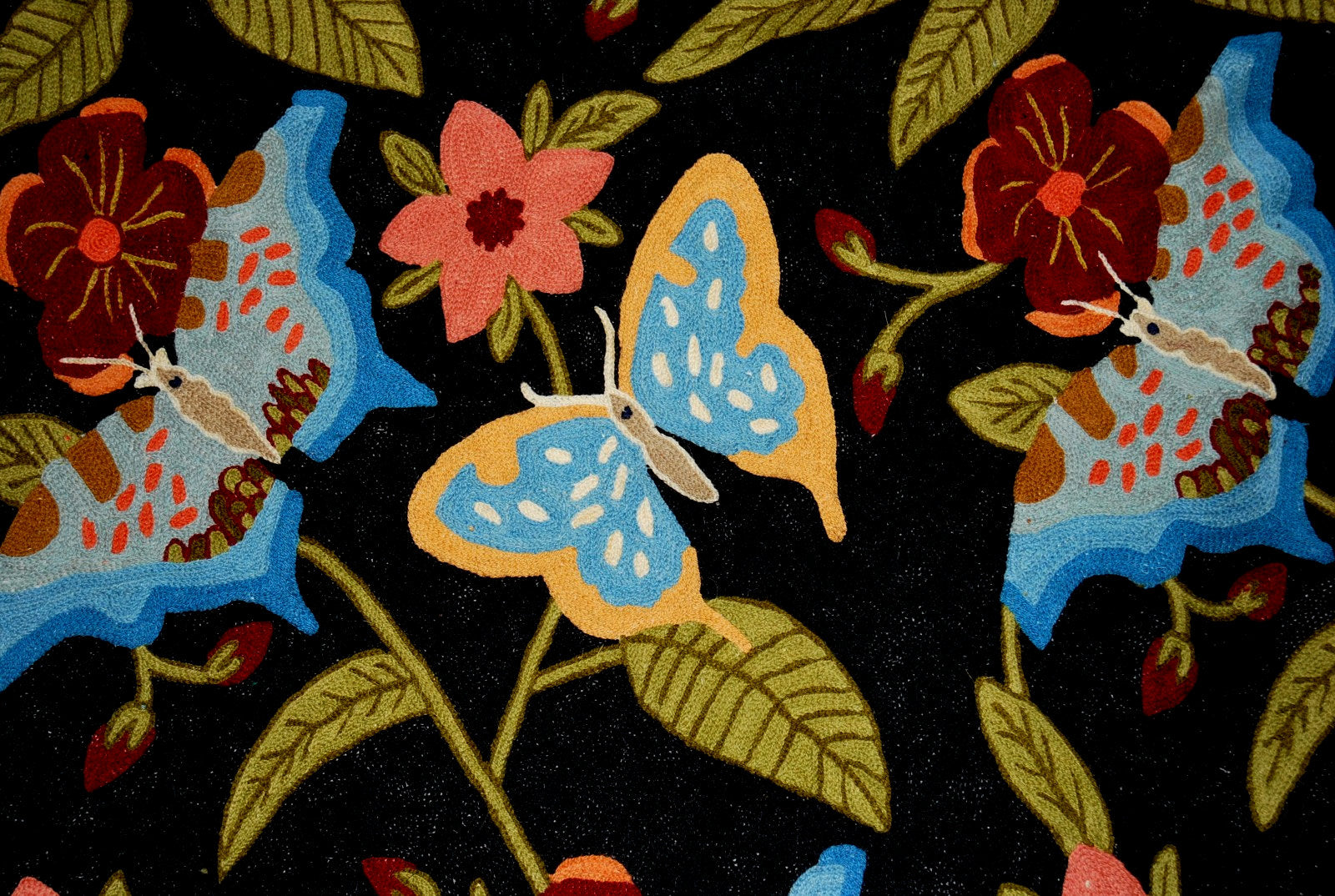 Kashmiri Wool Tapestry Area Rug "Butterflies", Multicolor Wool Embroidery 3x5 feet #CWR15118
