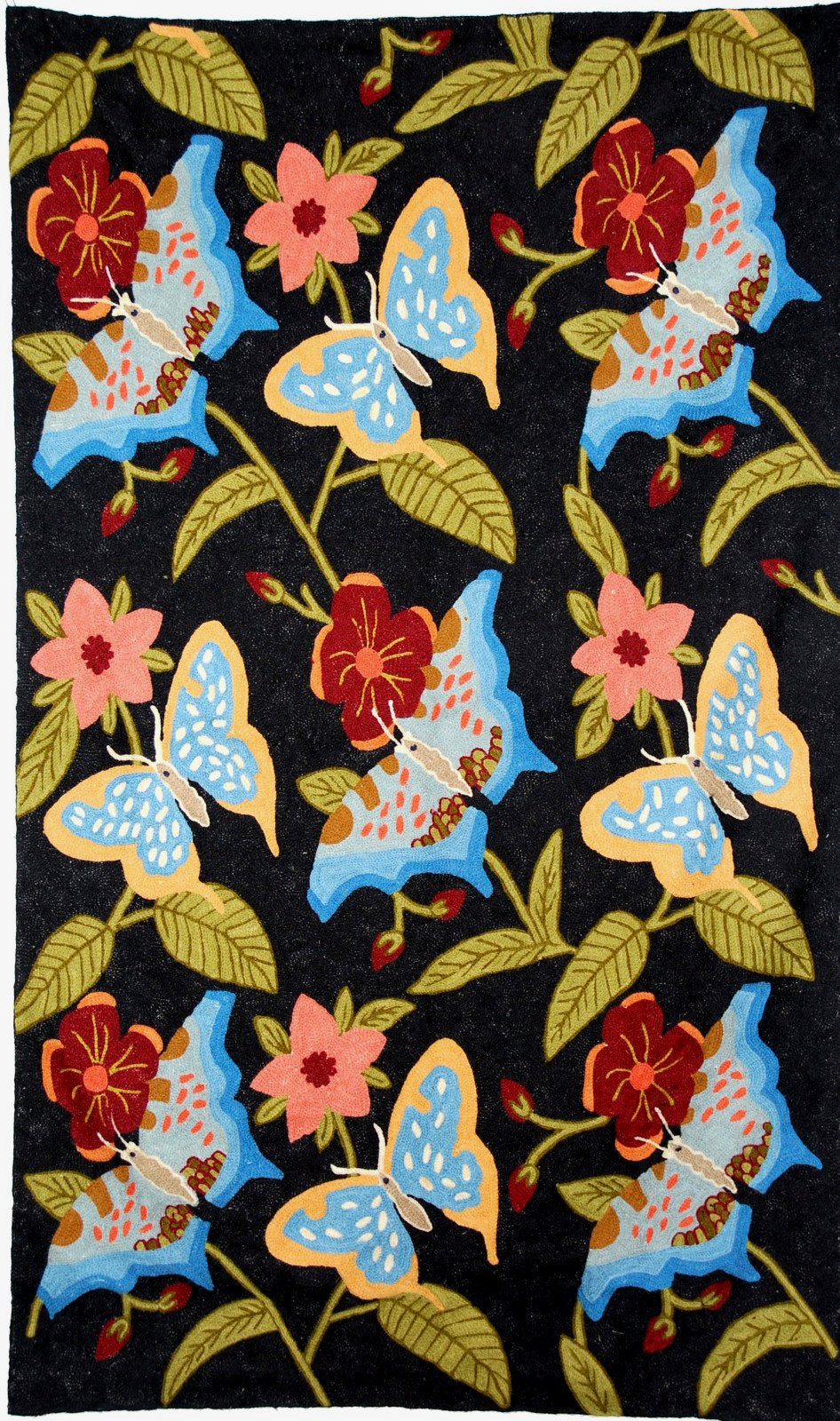 Kashmiri Wool Tapestry Area Rug "Butterflies", Multicolor Wool Embroidery 3x5 feet #CWR15118