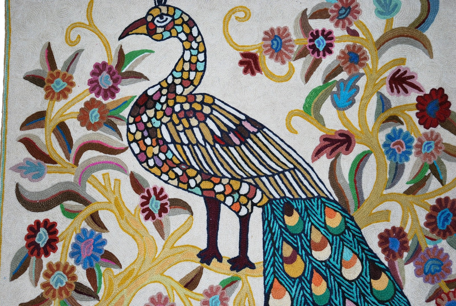 Kashmiri Wool Tapestry Area Rug "Peacock", Multicolor Embroidery 3x5 feet #CWR15120