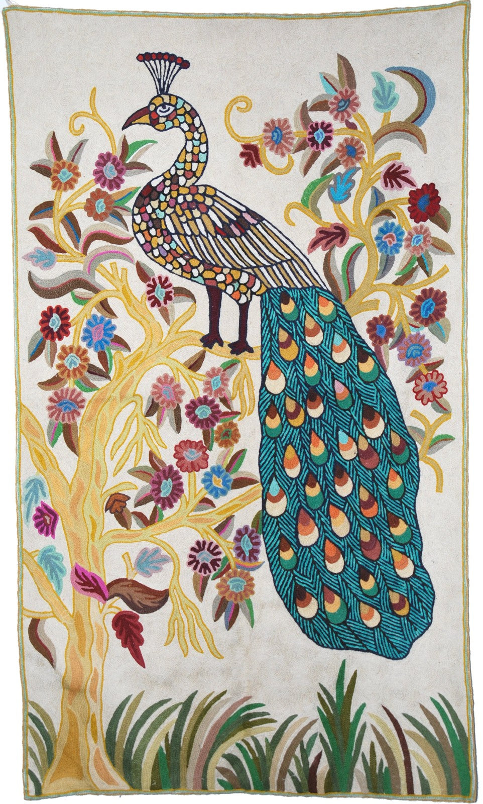 Kashmiri Wool Tapestry Area Rug "Peacock", Multicolor Embroidery 3x5 feet #CWR15120