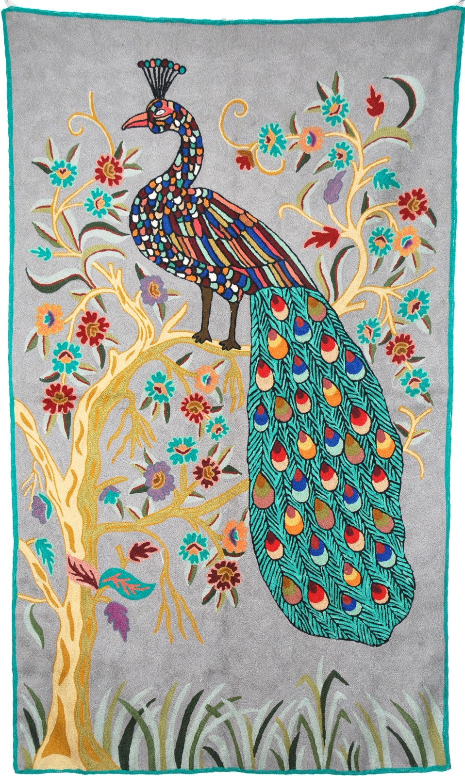 Kashmiri Wool Tapestry Area Rug "Peacock", Multicolor Embroidery 3x5 feet #CWR15121