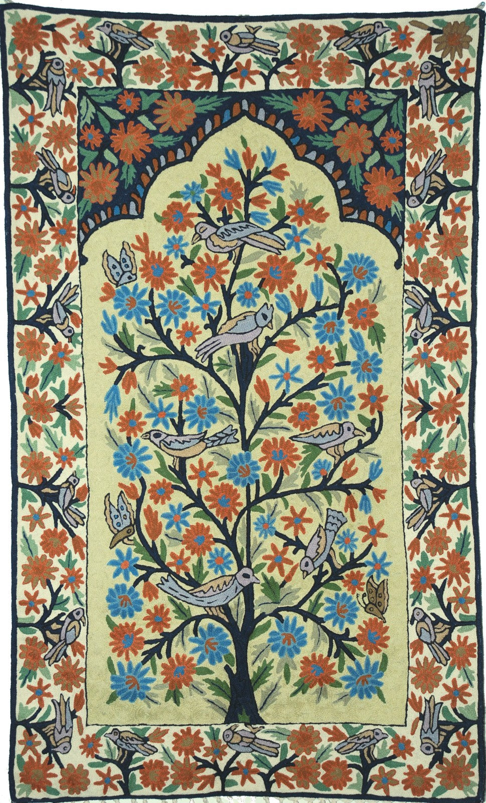 Kashmiri Wool Tapestry  Area Rug "Tree of Life Birds", Multicolor Embroidery 3x5 feet #CWR15124