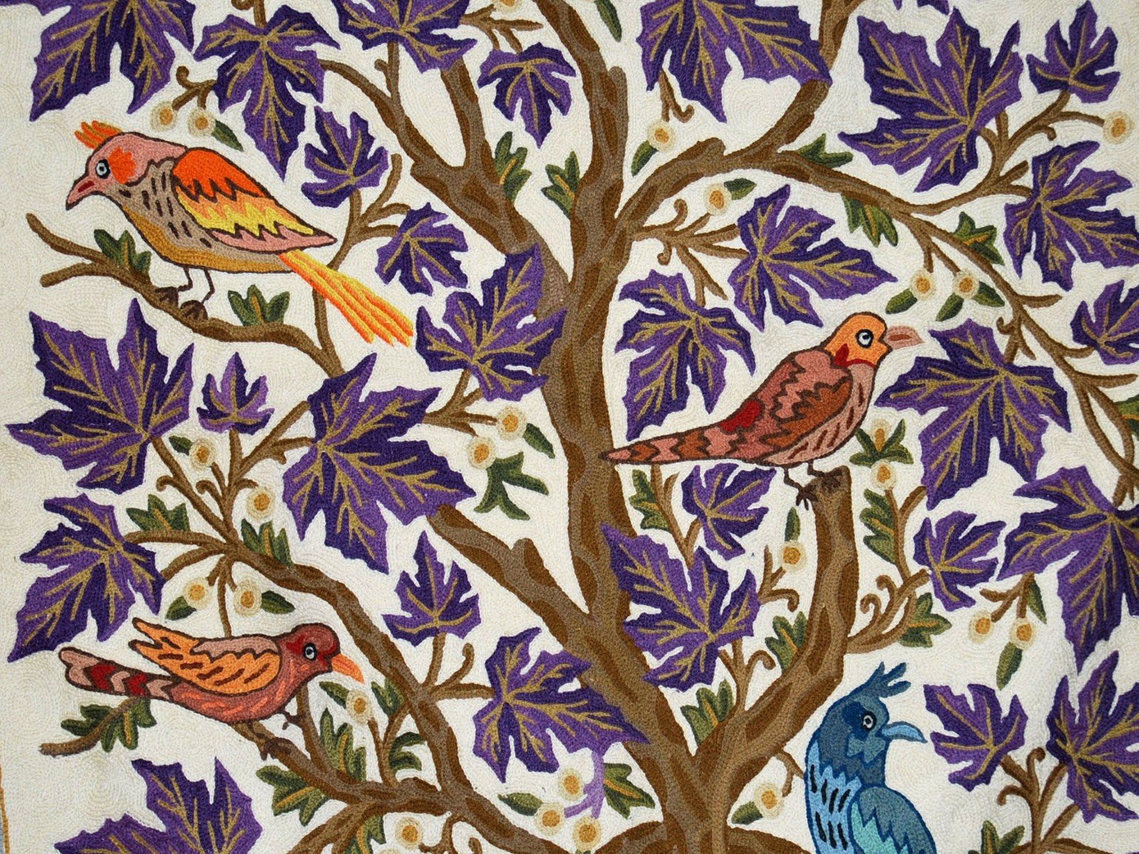 Kashmiri Wool Tapestry Area Rug "Tree of Life Birds", Multicolor Wool Embroidery 3x5 feet #CWR15131