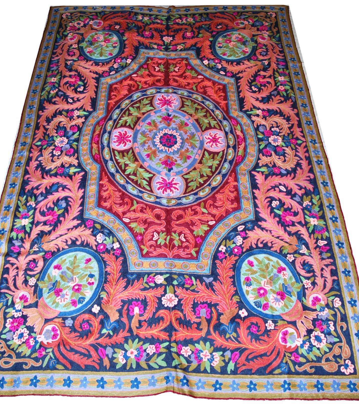 ChainStitch Tapestry Woolen Area Rug, Multicolor Embroidery 6x9 feet #CWR54107