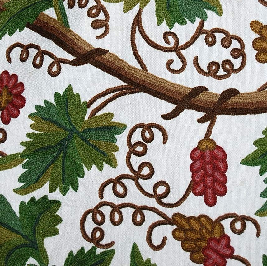 Custom Made Crewel Embroidered Pre-Order Fabric "Grapevine", Multicolor #3303