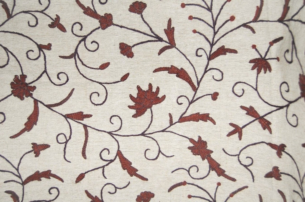 Jute Crewel Embroidered Fabric Jacobean, Brown on Beige #TML911