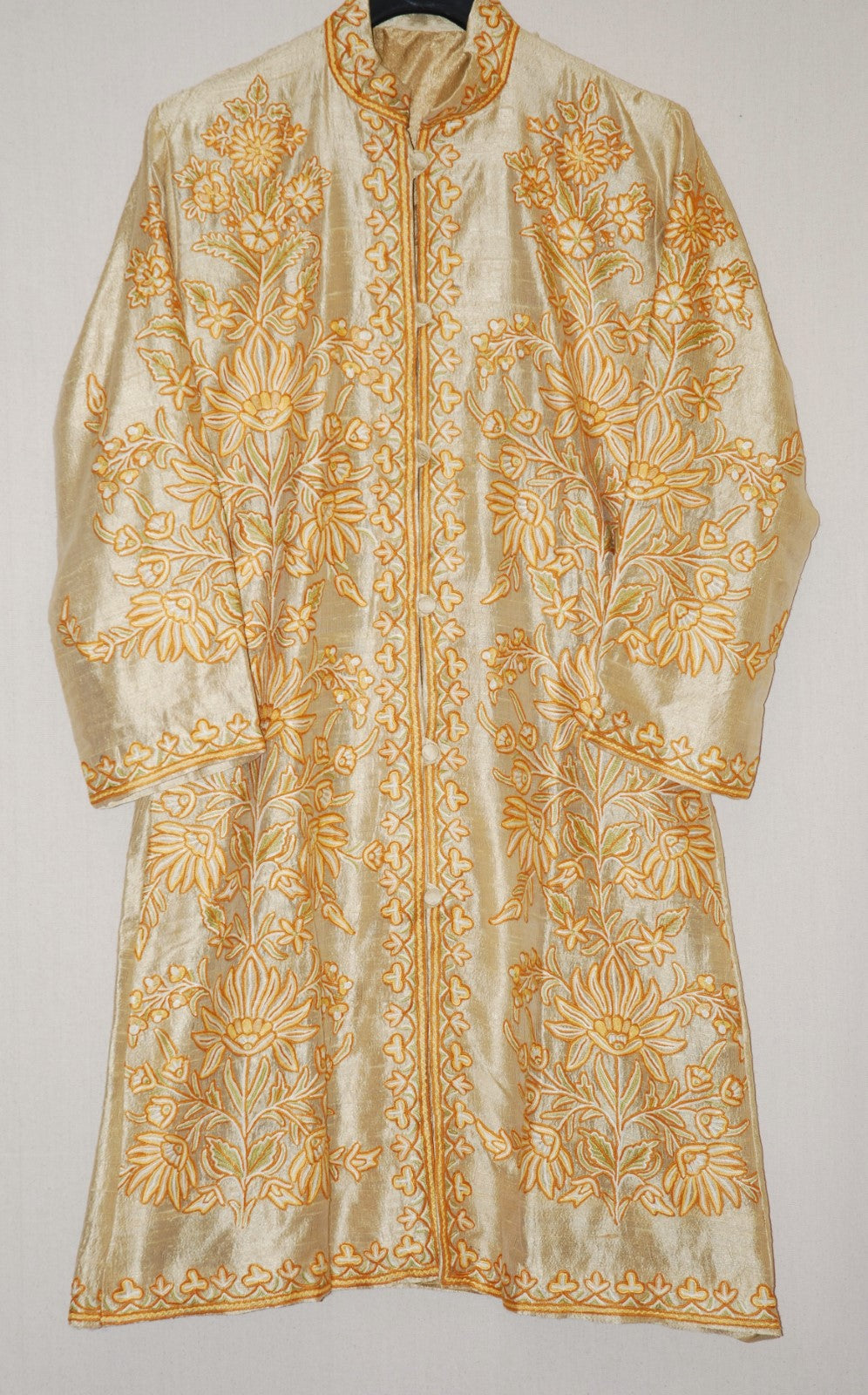 Kashmir Ethnic Silk Coat Long Jacket Gold, Multicolor Embroidery #AO-321