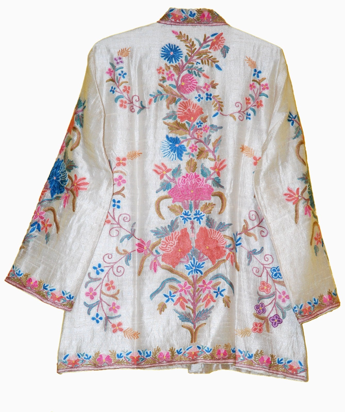 Kashmiri Silk Jacket White, Multicolor Embroidery #AO-042