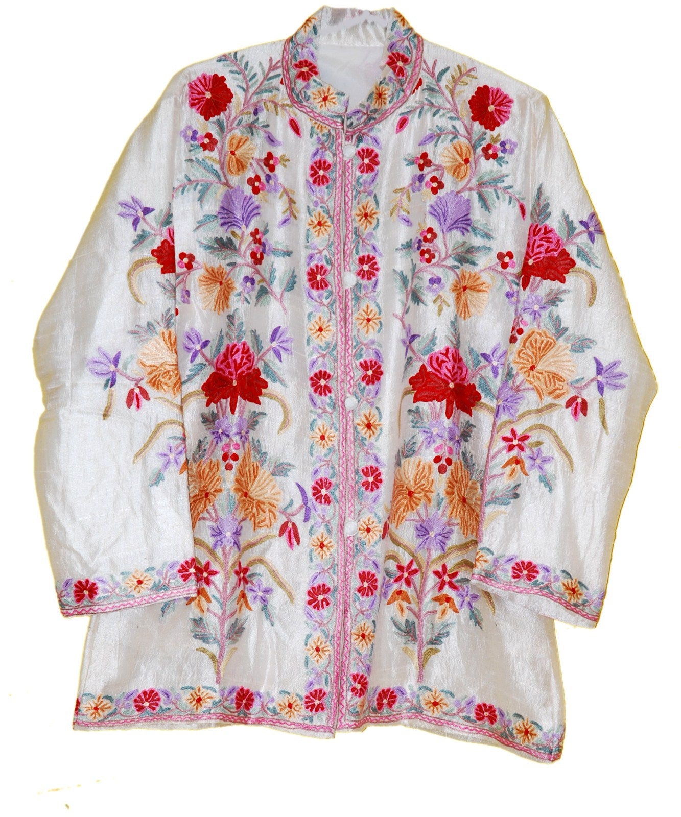 Kashmiri Silk Jacket White, Multicolor Embroidery #AO-043