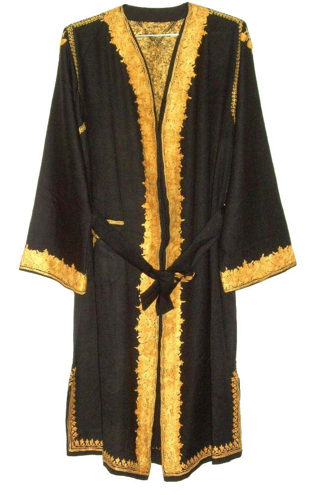 Woolen Ladies Dressing Gown Black, Yellow Embroidery #WG-004