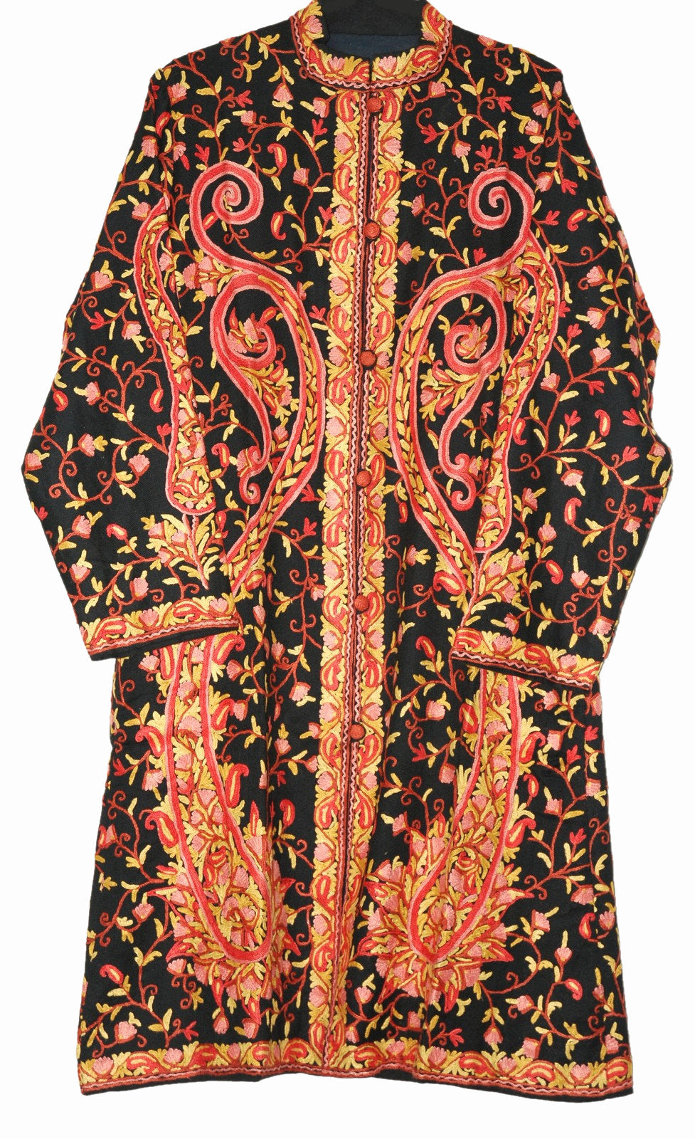 Woolen Coat Long Jacket Black, Multicolor Embroidery #AO-159