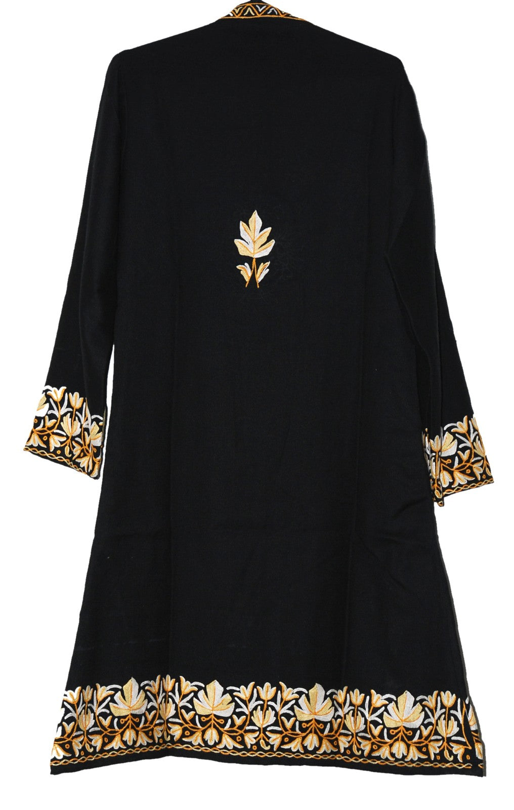 Woolen Coat Long Jacket Black, Cream and Yellow Embroidery #BD-120