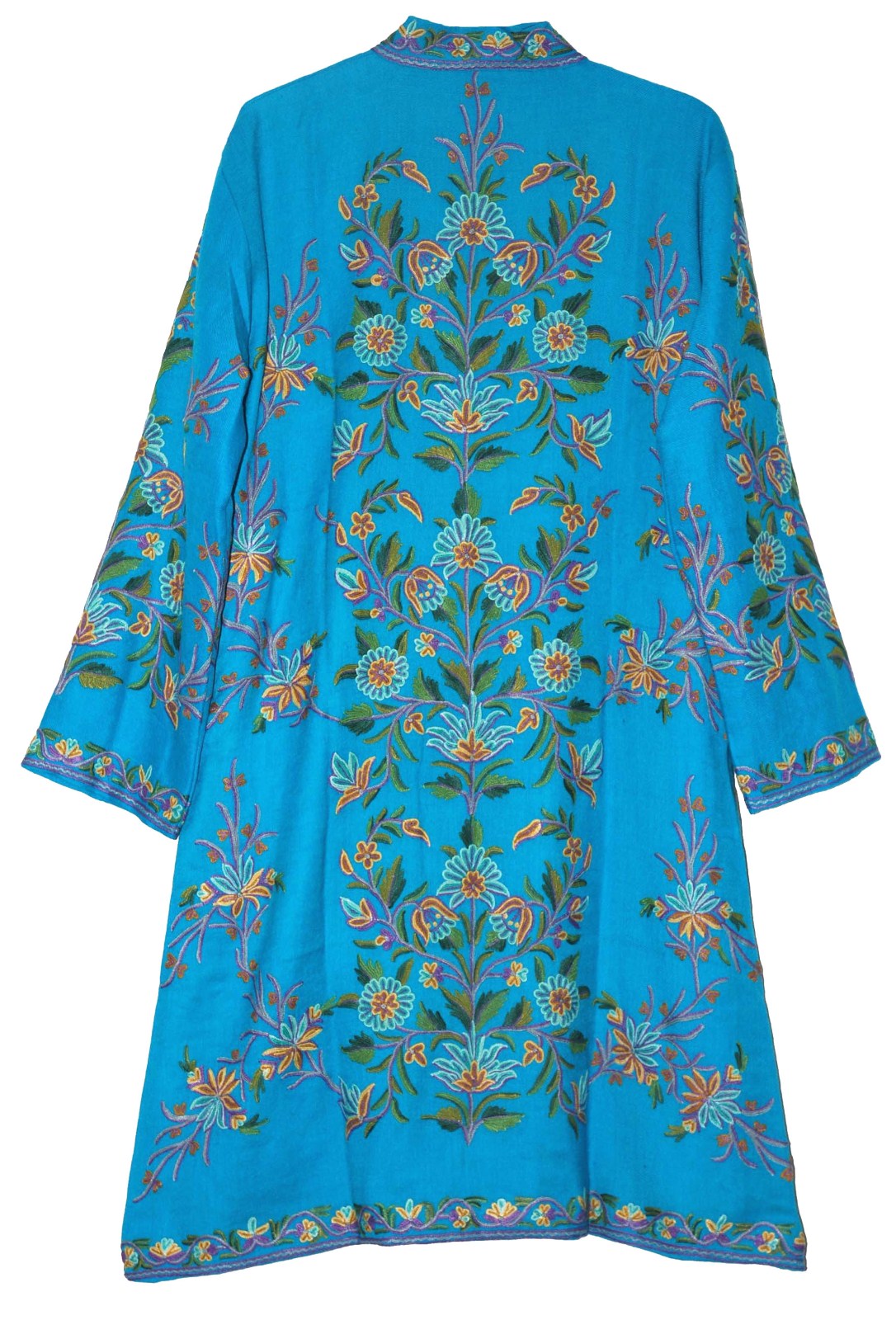 Woolen Embroidered Coat Long Jacket Sky Blue, Blue and Green Embroidery #AO-171