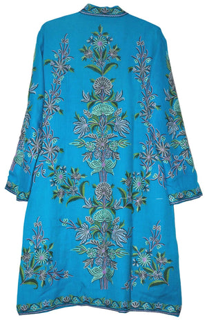 Woolen Embroidered Coat Long Jacket Sky Blue, Grey and Green Embroidery #AO-178