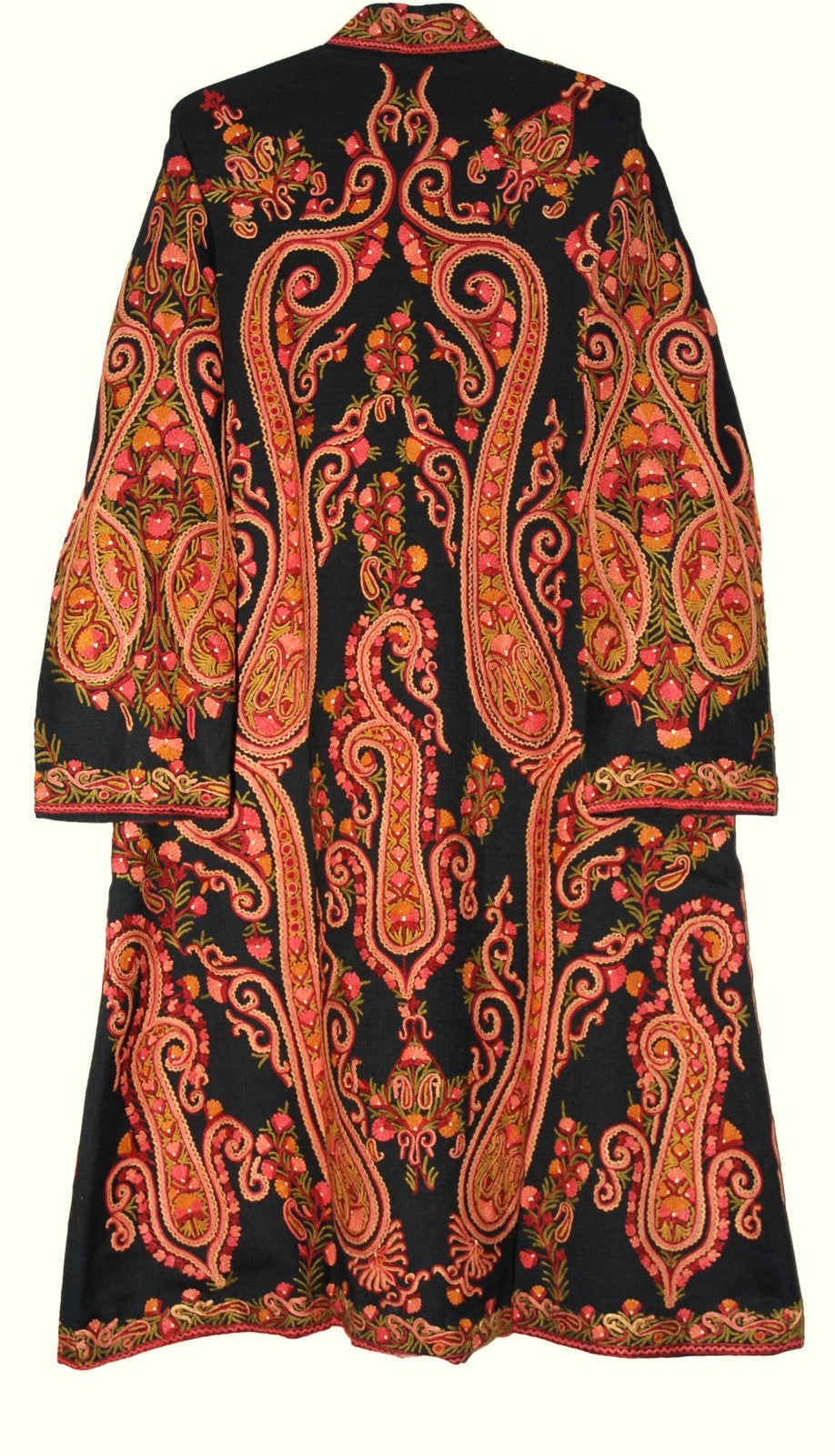 Woolen Coat Long Jacket Black, Rust and Olive Embroidery #AO-1604