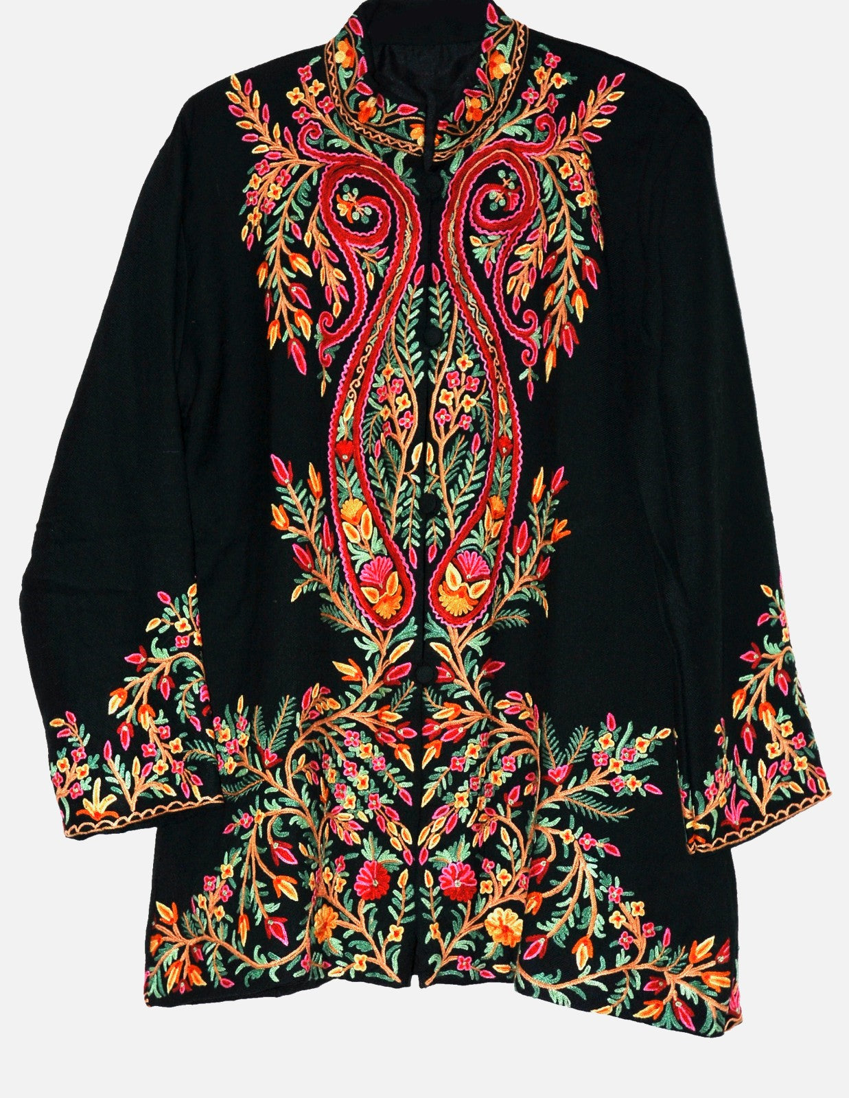 Kashmir Wool Partywear Coat, Short Jacket Black, Multicolor Embroidery #AO-003