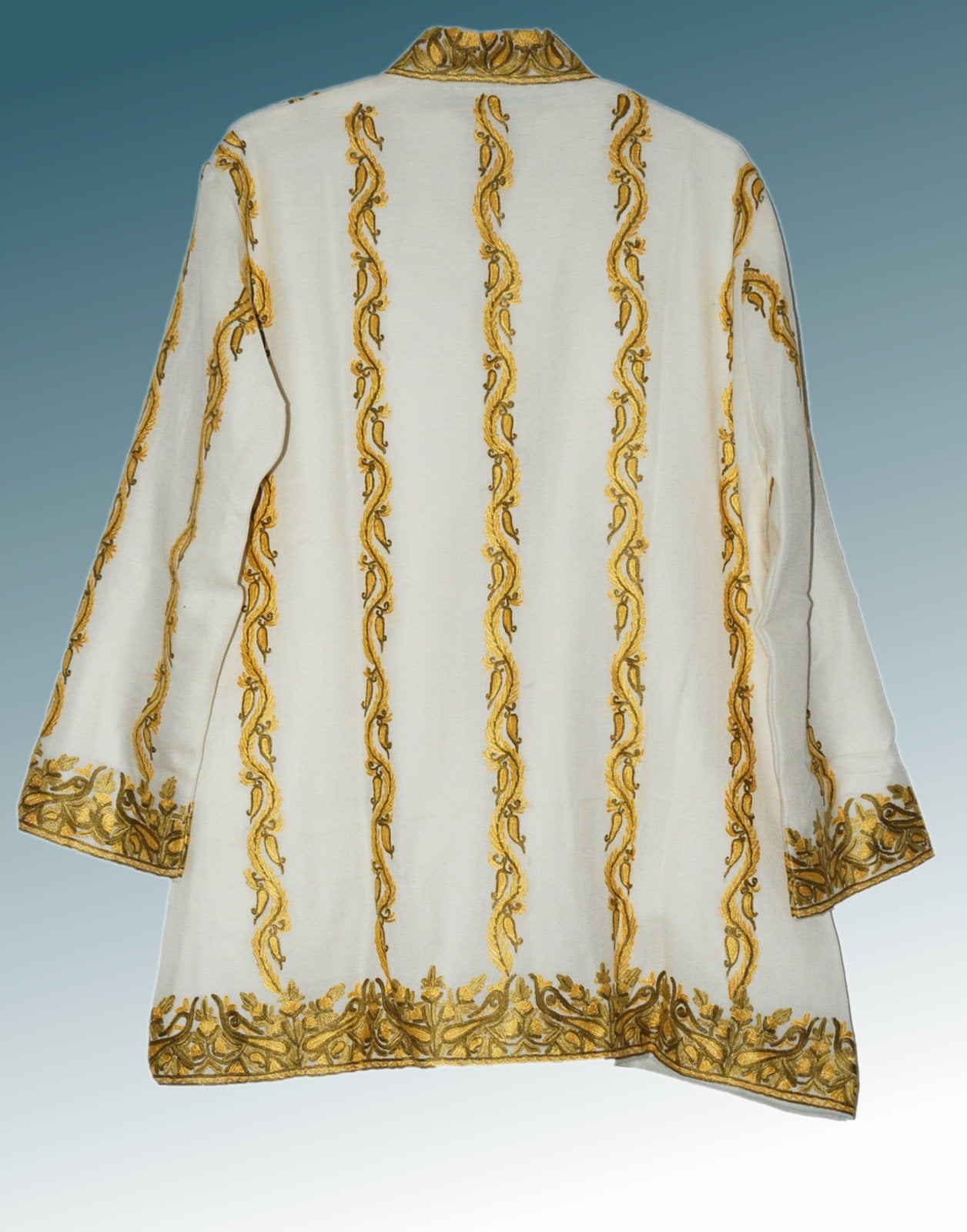 Embroidered Woolen Jacket White, Yellow and Olive Embroidery #AO-0061