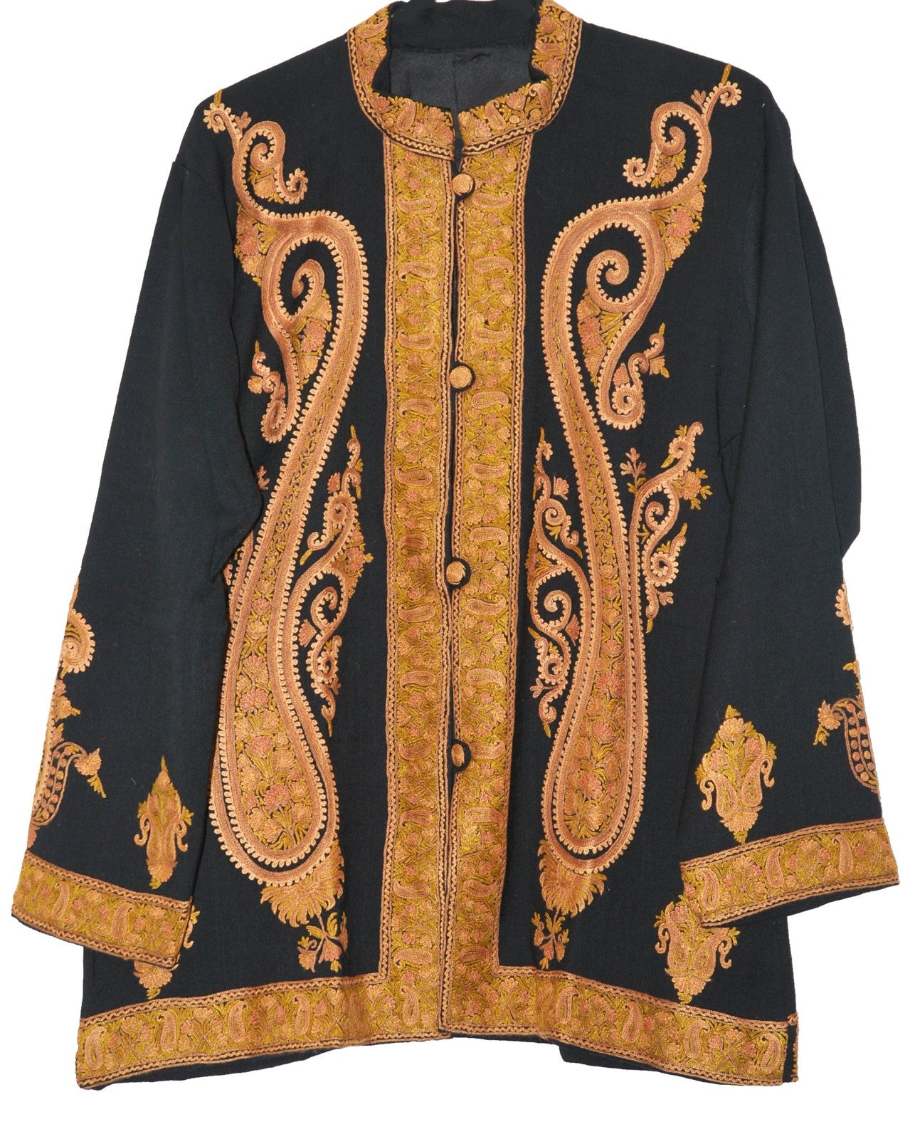Embroidered Woolen Jacket Black, Rust and Olive Embroidery #AO-024