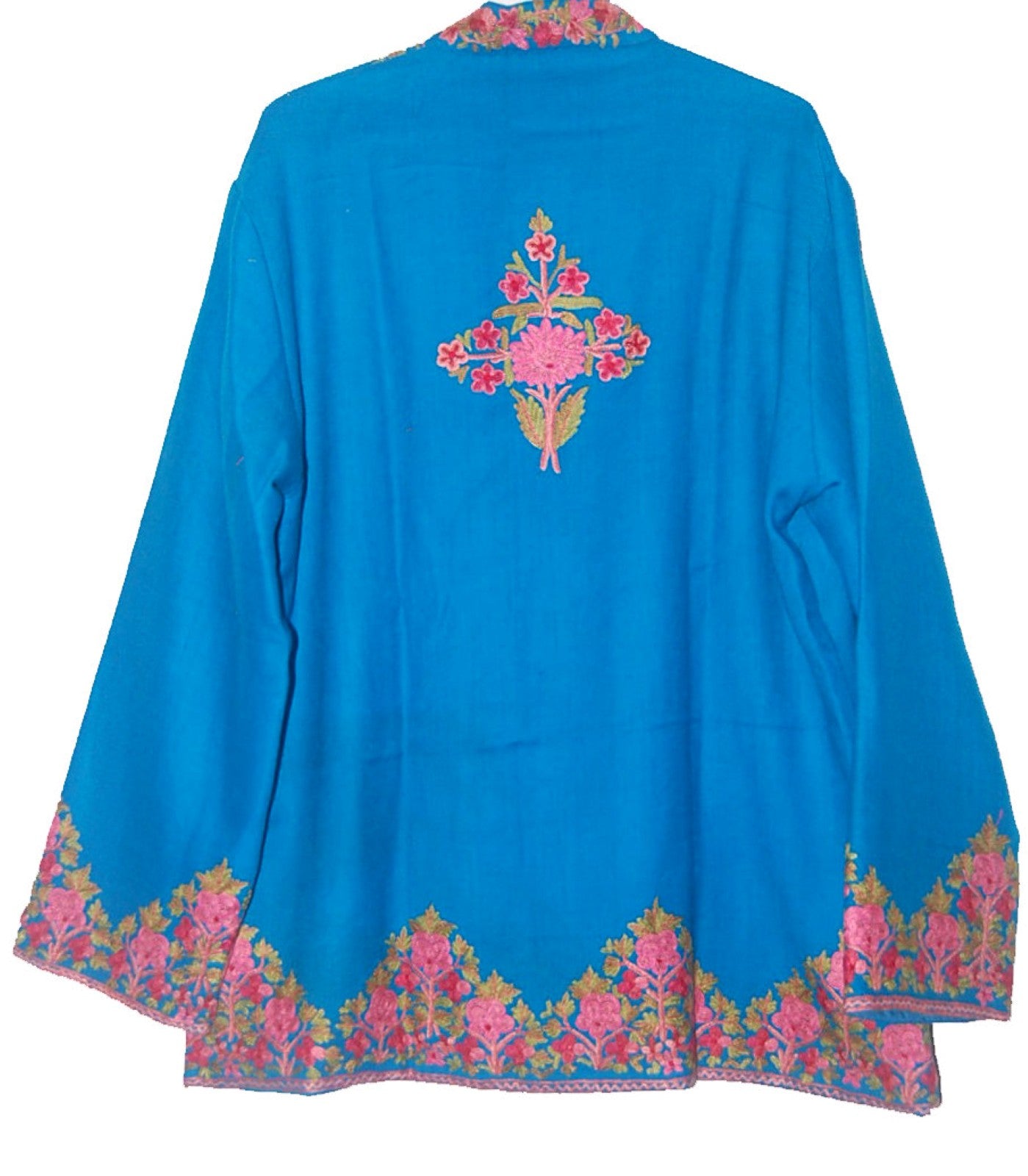 Embroidered Woolen Jacket Sky Blue, Multicolor Embroidery #AO-029