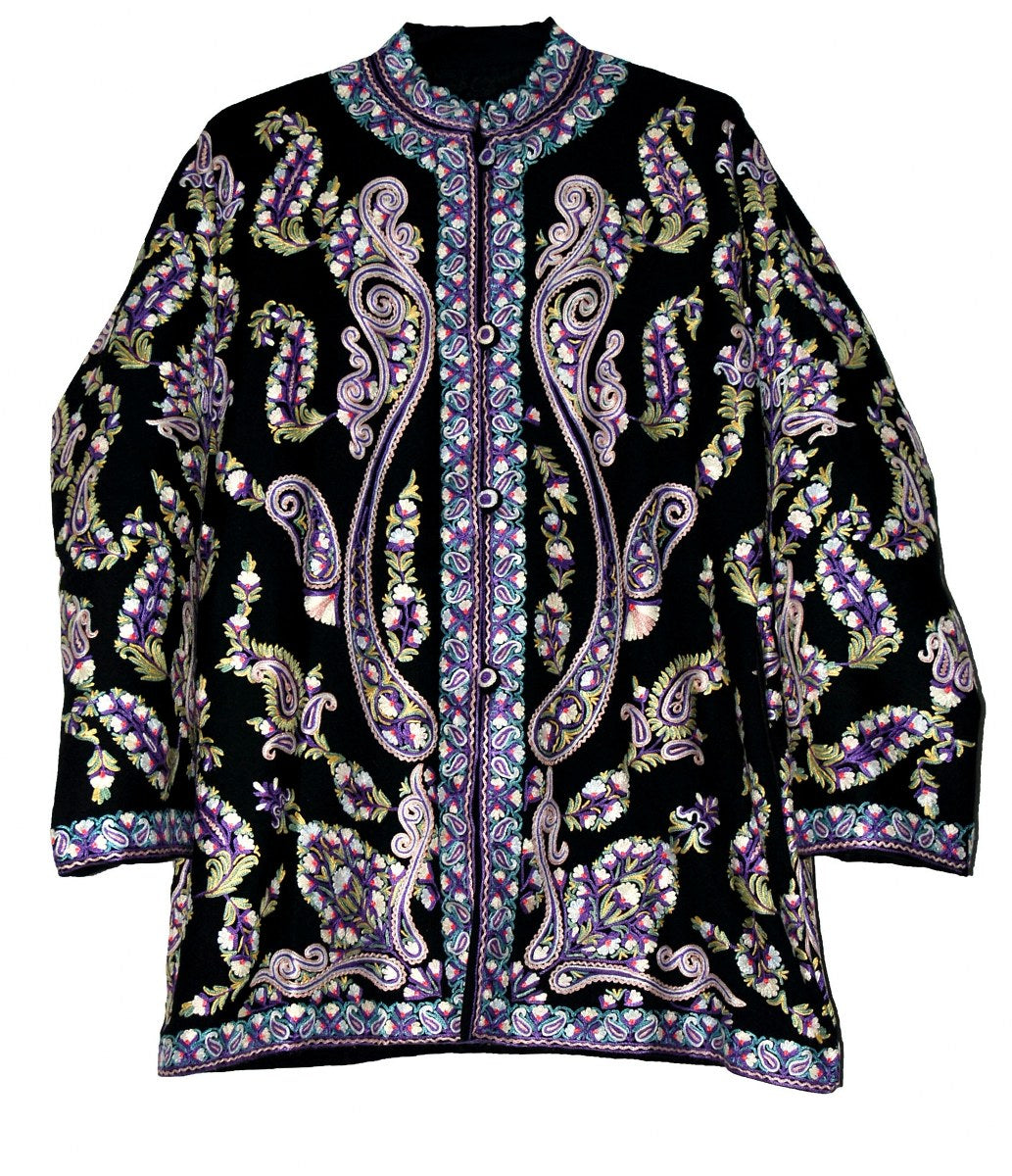 Woolen Short Jacket Black, Multicolor Embroidery #AO-037