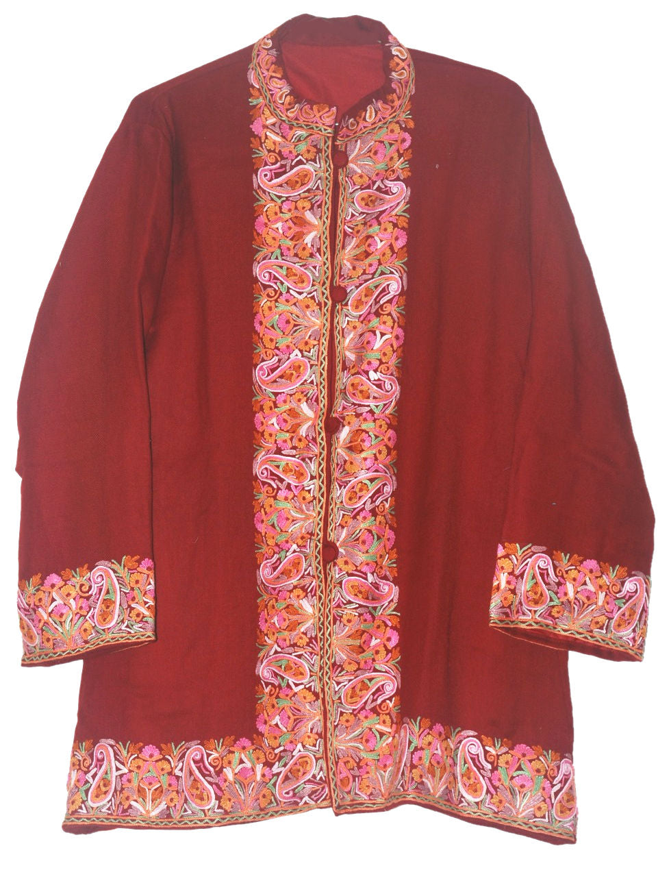 Embroidered Woolen Jacket Maroon, Multicolor Embroidery #BD-002