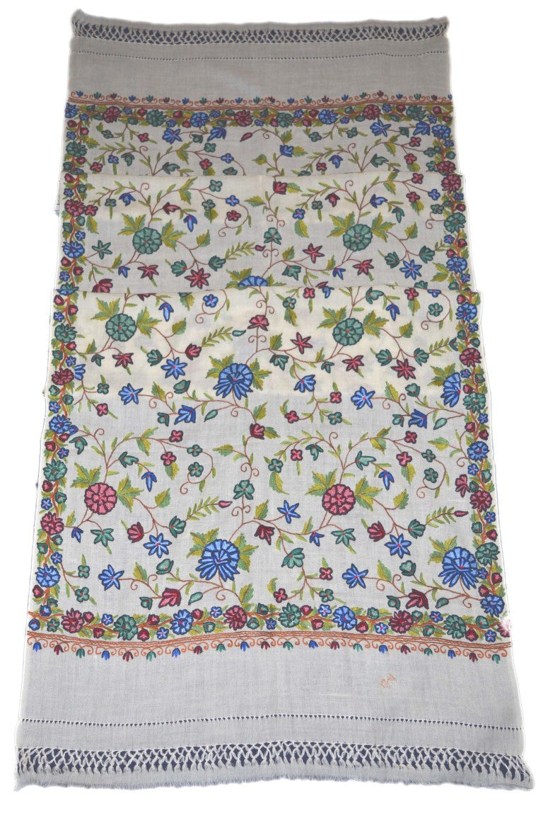 Embroidered Wool Shawl Wrap Throw White, Multicolor Embroidery #WS-114