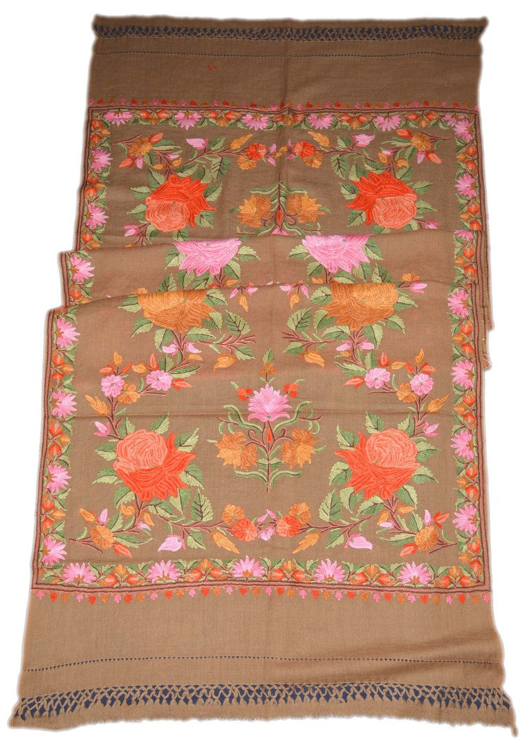 Embroidered Wool Shawl Wrap Throw Schal Beige, Multicolor Embroidery #WS-119
