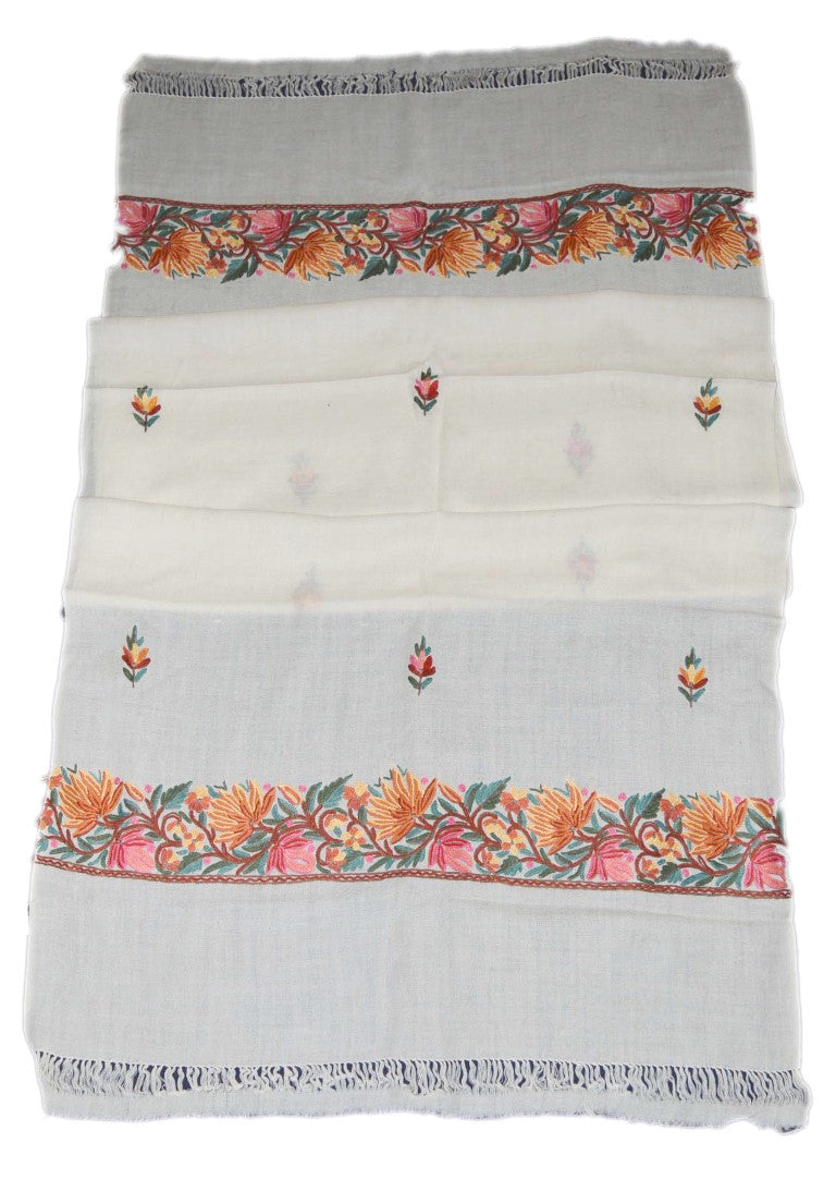 Embroidered Wool Shawl Wrap Throw White, Multicolor Embroidery #WS-126