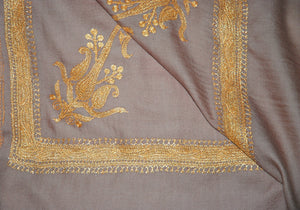 Embroidered Wool Shawl Beige, Gold "Tilla" Sozni Embroidery #WS-941