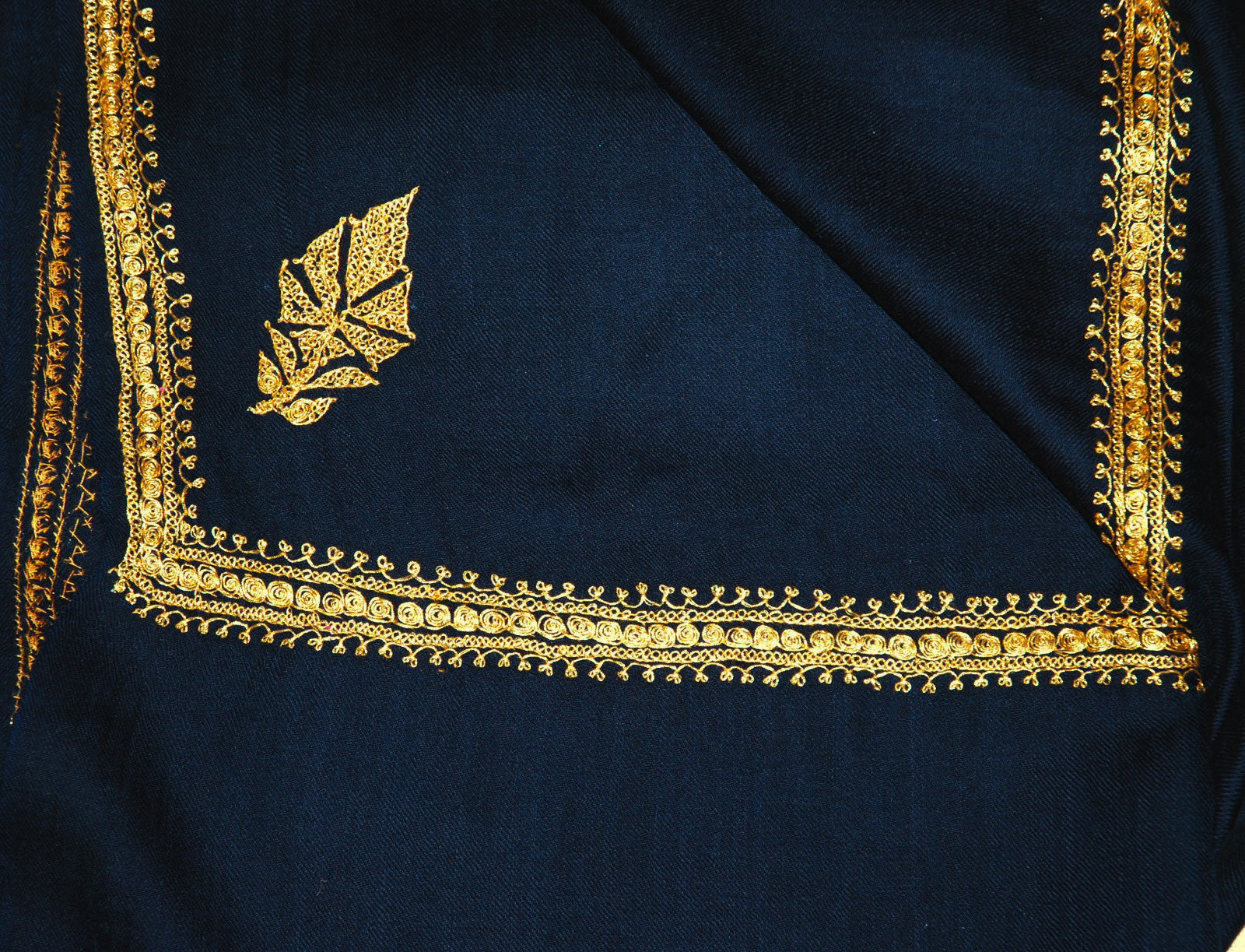 Embroidered Wool Shawl Navy, Gold "Tilla" Sozni Embroidery #WS-911