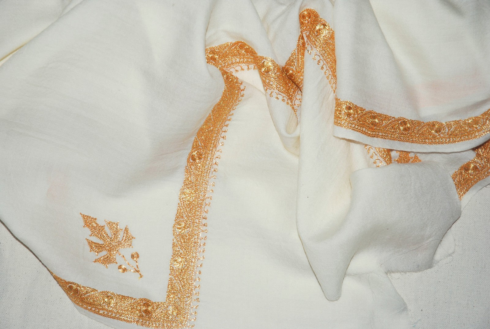 Embroidered Wool Shawl White, Gold "Tilla" Sozni Embroidery #WS-921