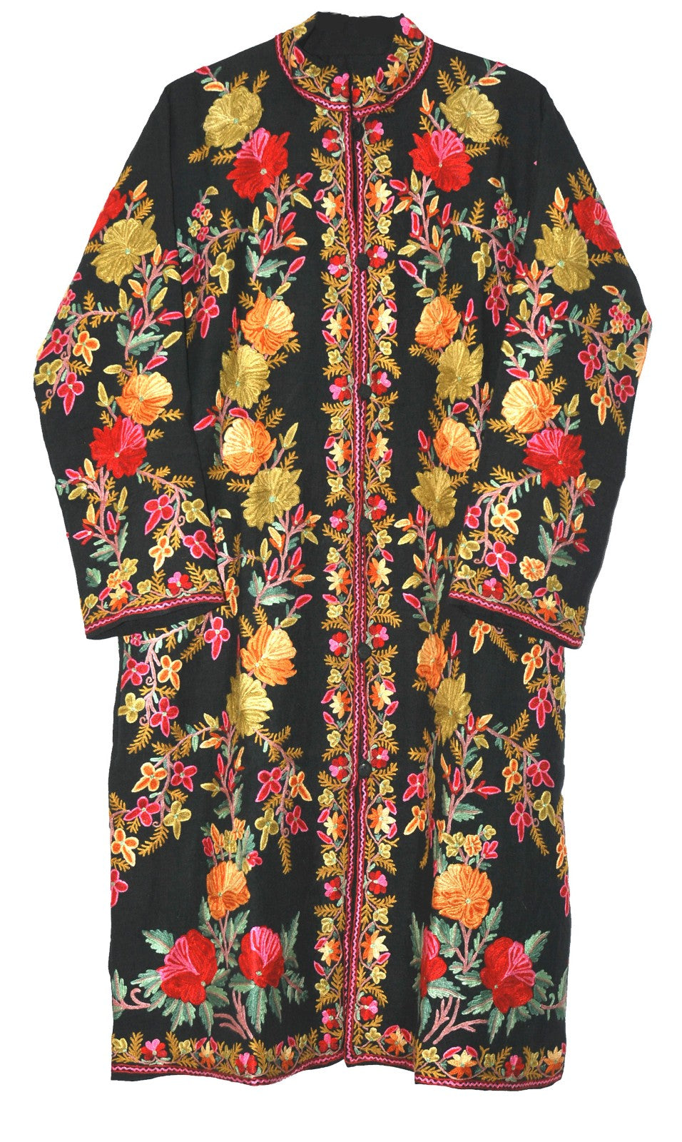 Linen Coat Long Jacket Black, Multicolor Embroidery #AO-612