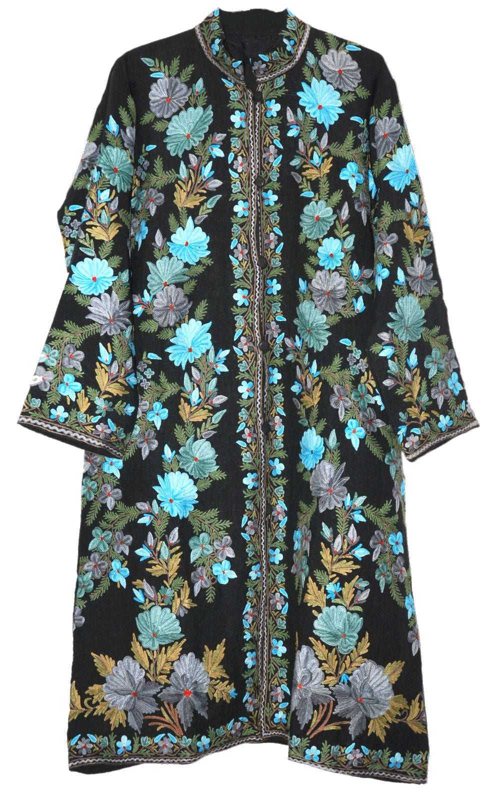 Linen Coat Long Jacket Black, Blue and Green Embroidery #AO-613
