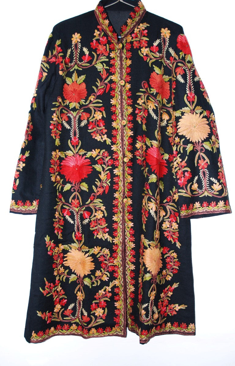 Woolen Coat Long Jacket Black, Multicolor Embroidery #AO-137