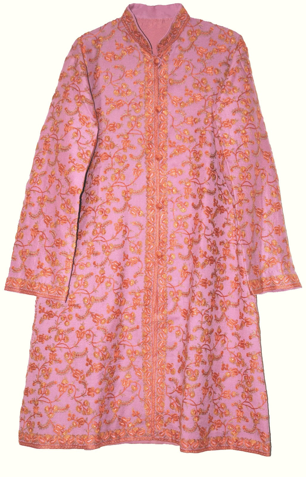 Woolen Coat Long Jacket Pink, Multicolor Embroidery #AO-167
