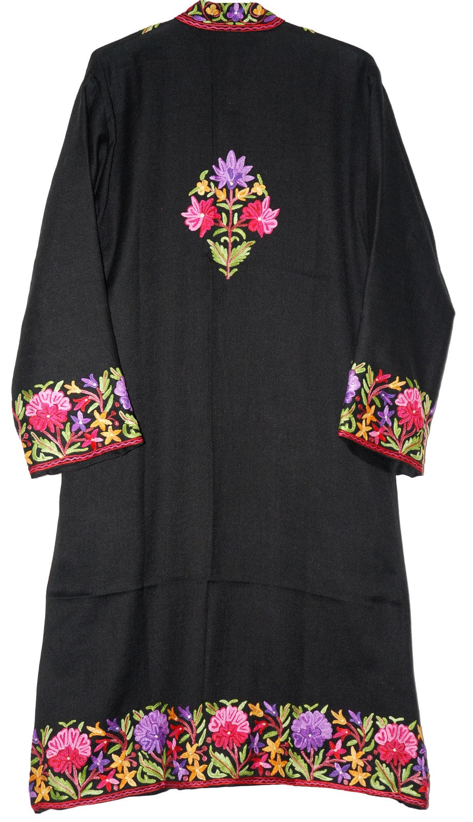 Woolen Coat Long Jacket Black, Multicolor Embroidery #BD-112
